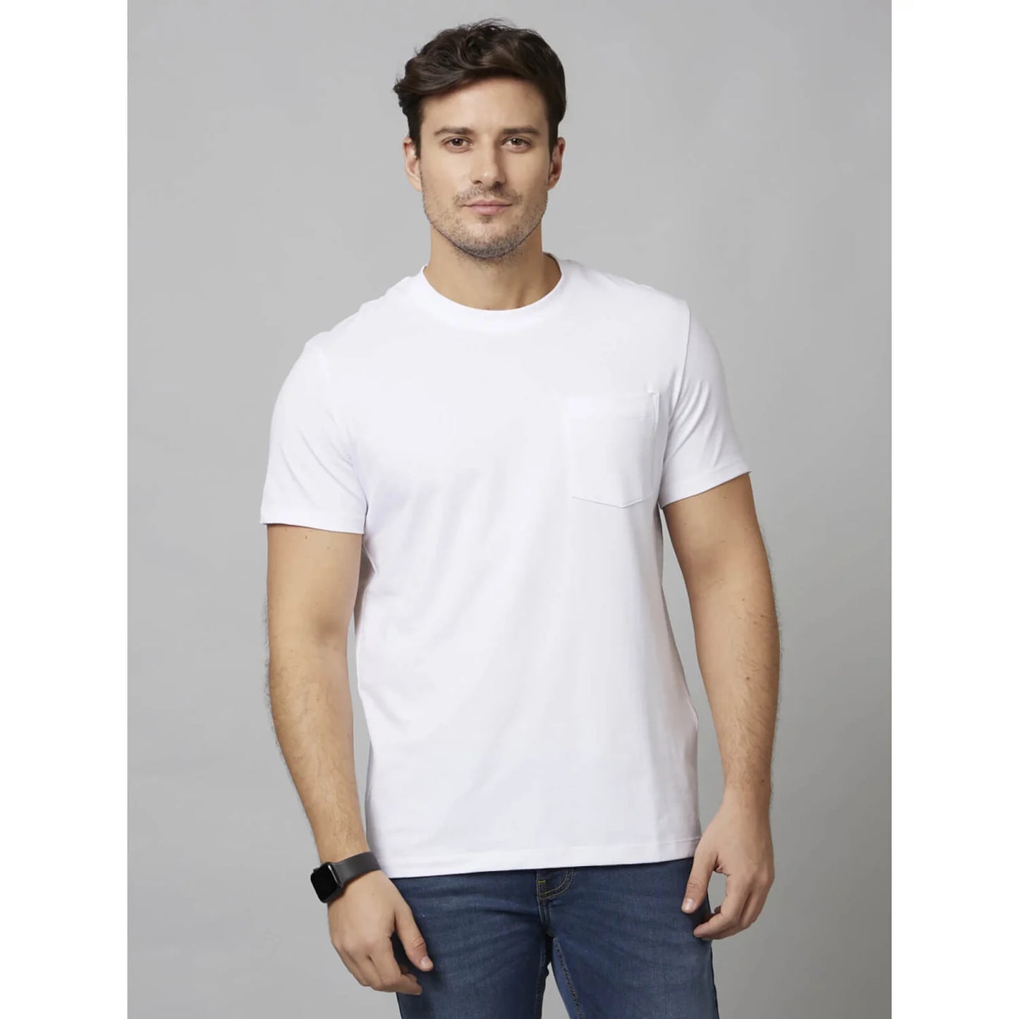 White Solid Cotton-Poly-Blend T-shirt