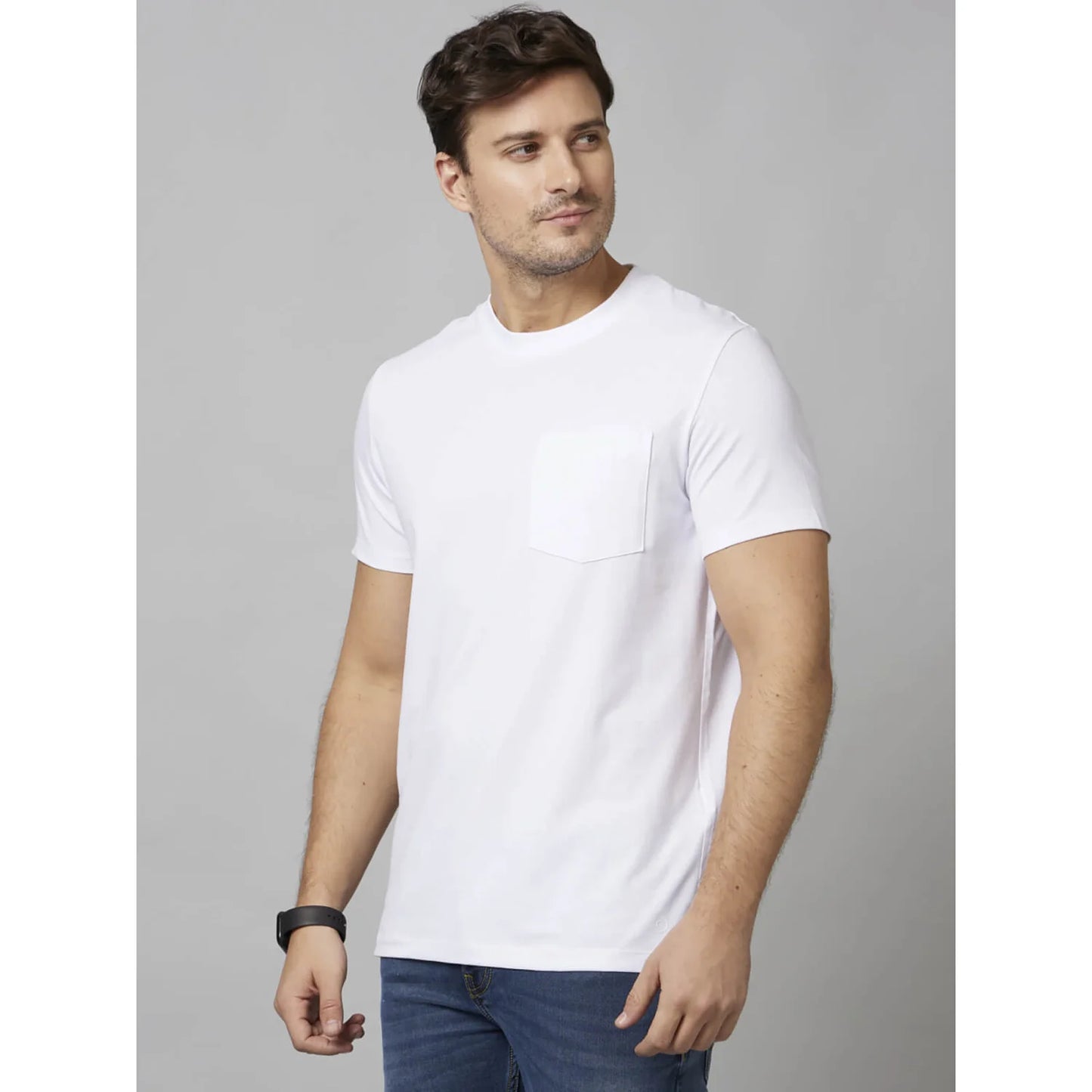 White Solid Cotton-Poly-Blend T-shirt