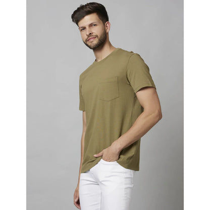 Khaki Solid Cotton-Poly-Blend T-shirt