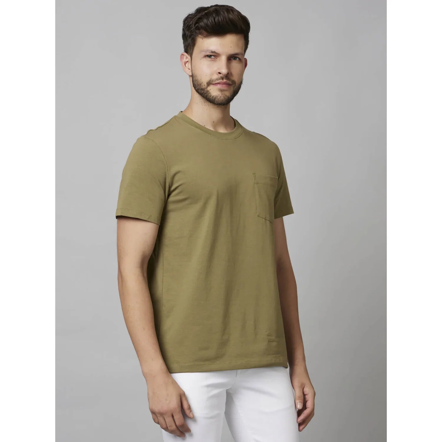 Khaki Solid Cotton-Poly-Blend T-shirt