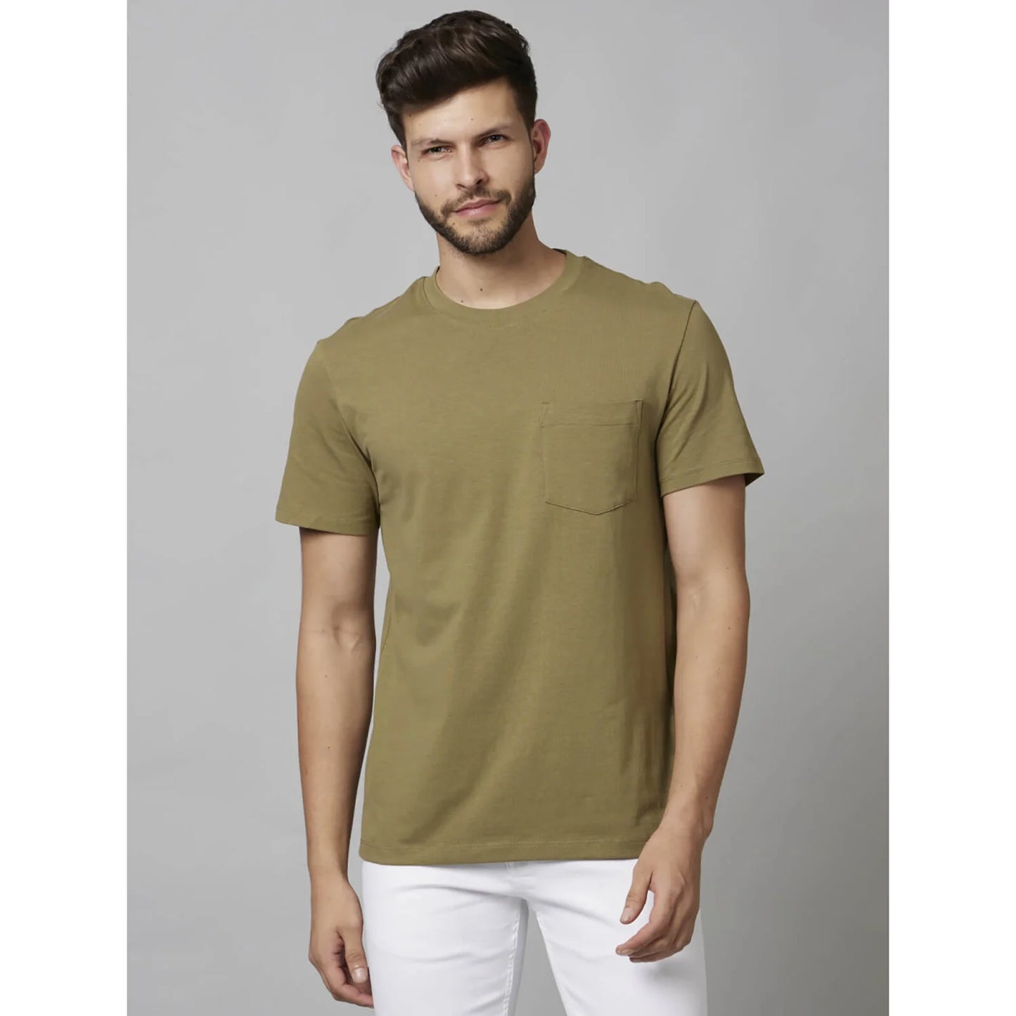 Khaki Solid Cotton-Poly-Blend T-shirt