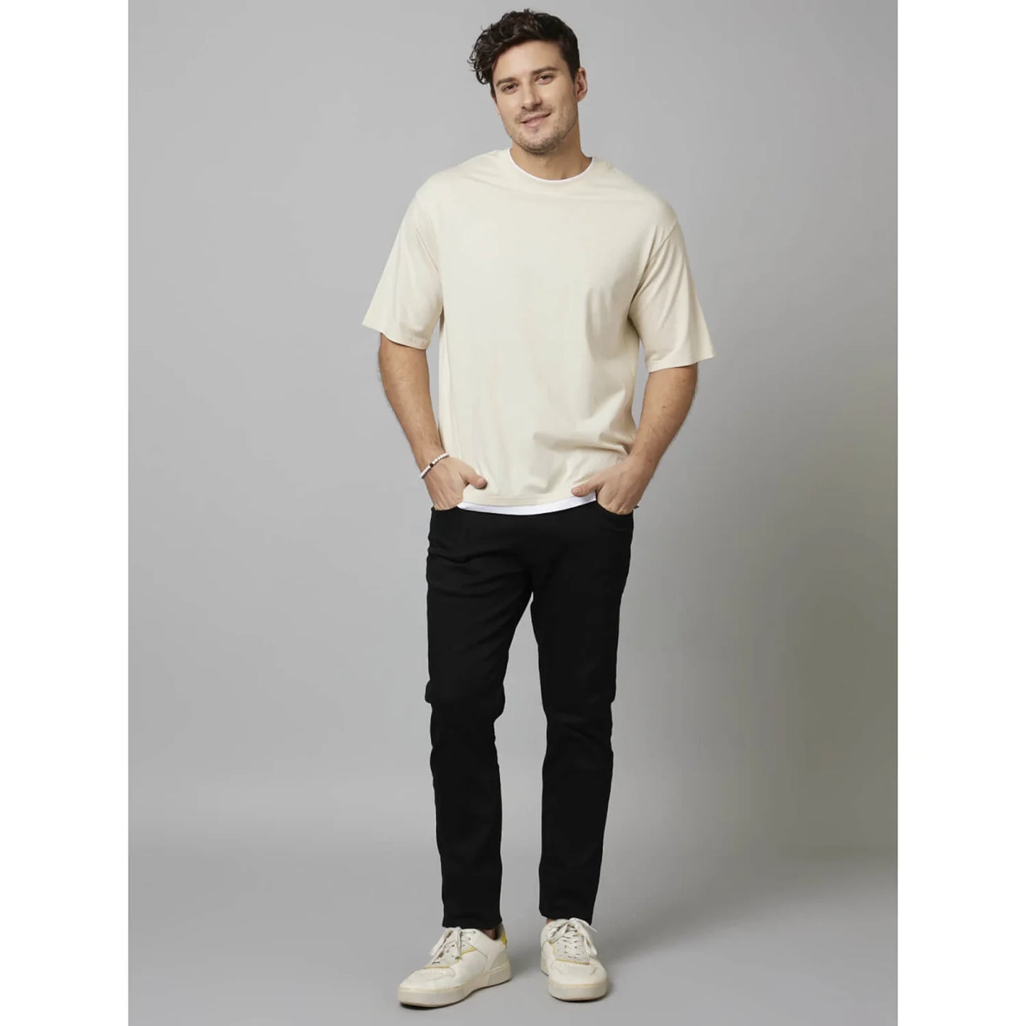 Cream Solid Cotton T-shirt