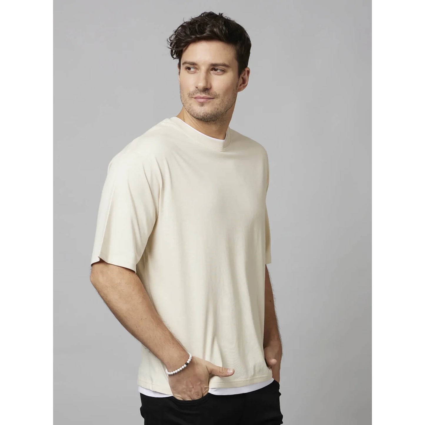 Cream Solid Cotton T-shirt