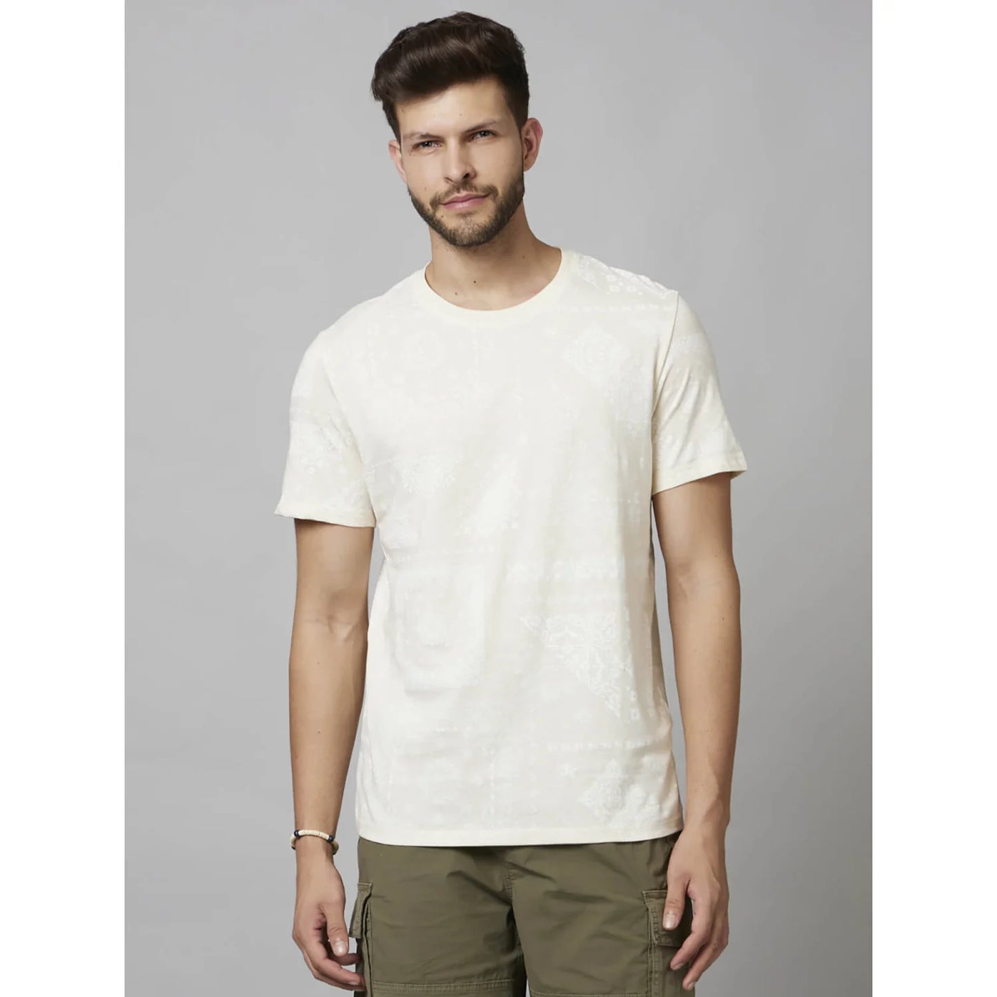 Cream Graphic Printed Cotton T-shirt