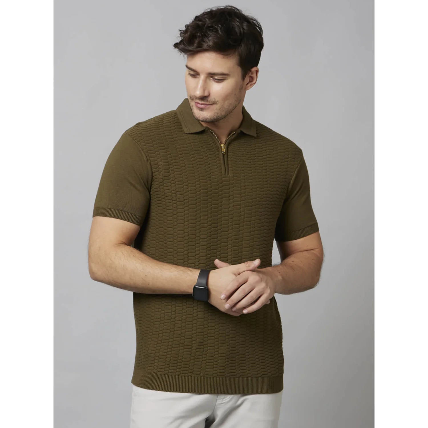 Cream Self-Design Cotton Polo