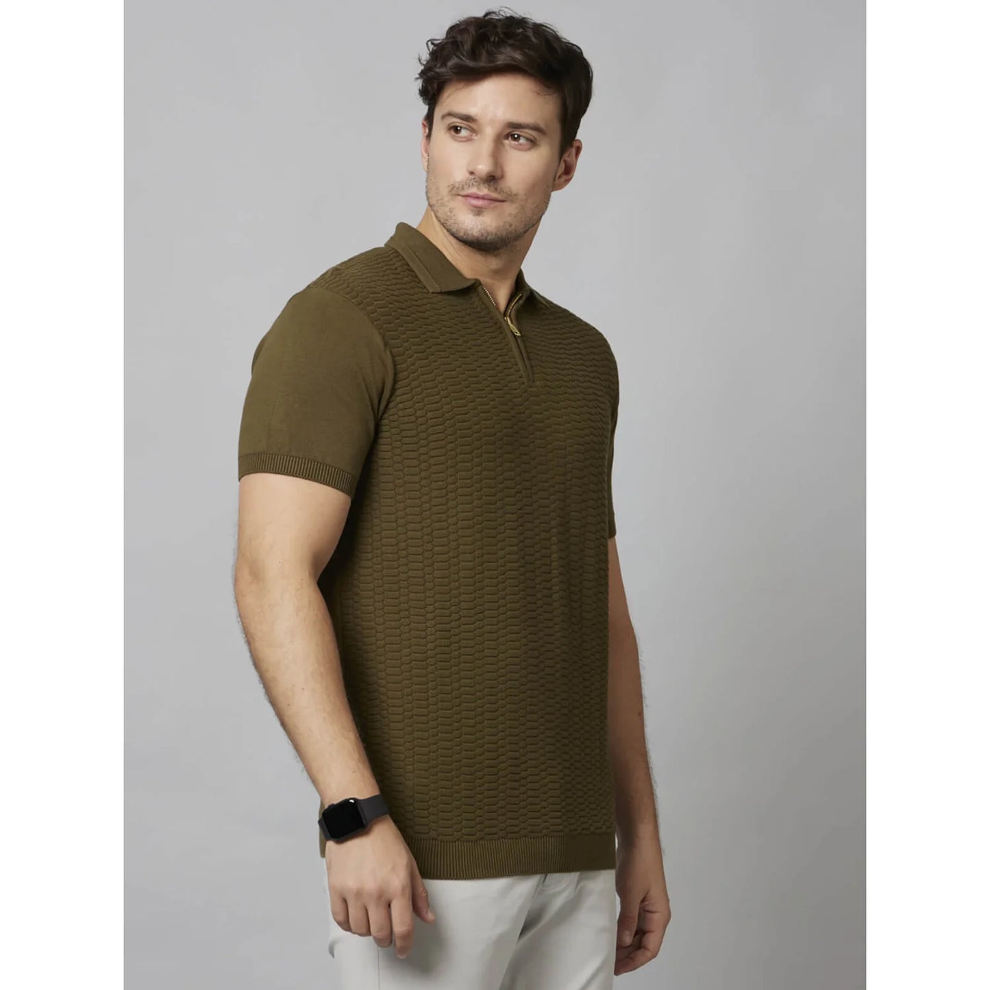 Cream Self-Design Cotton Polo