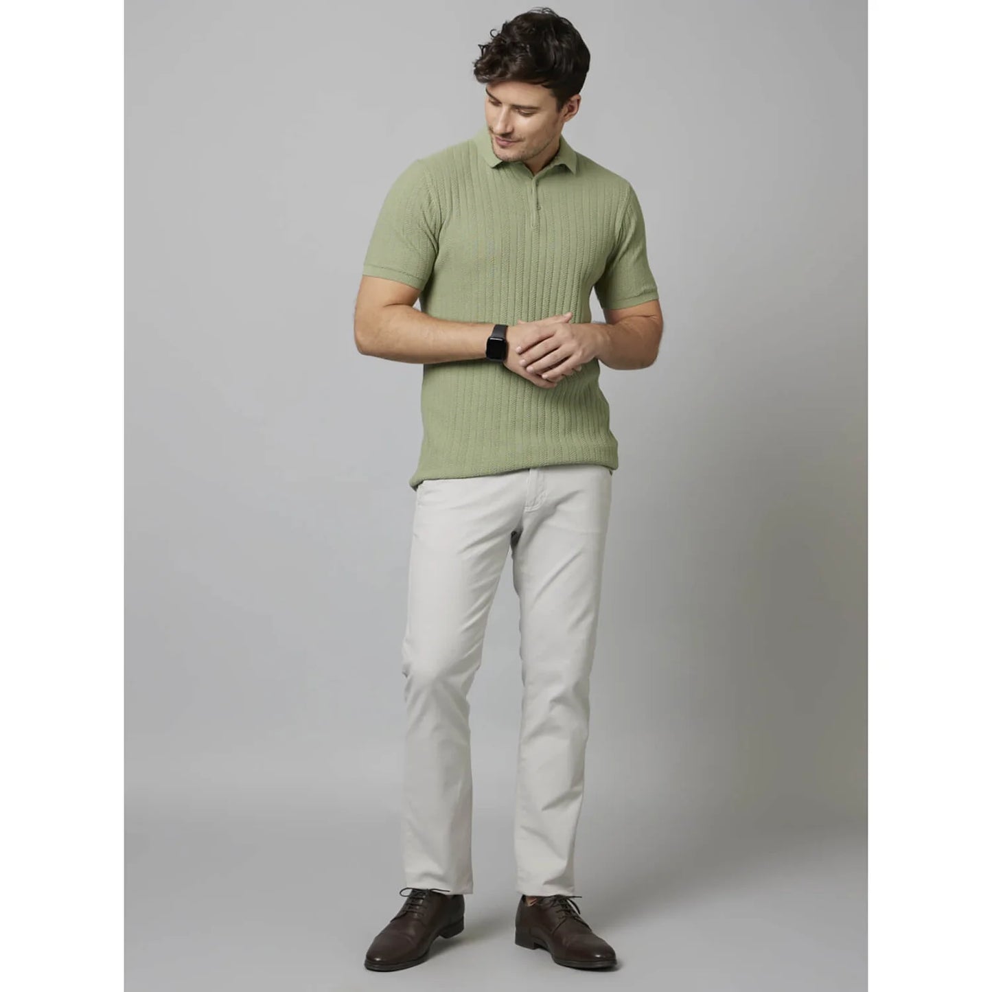 Cream Self-Design Cotton Polo