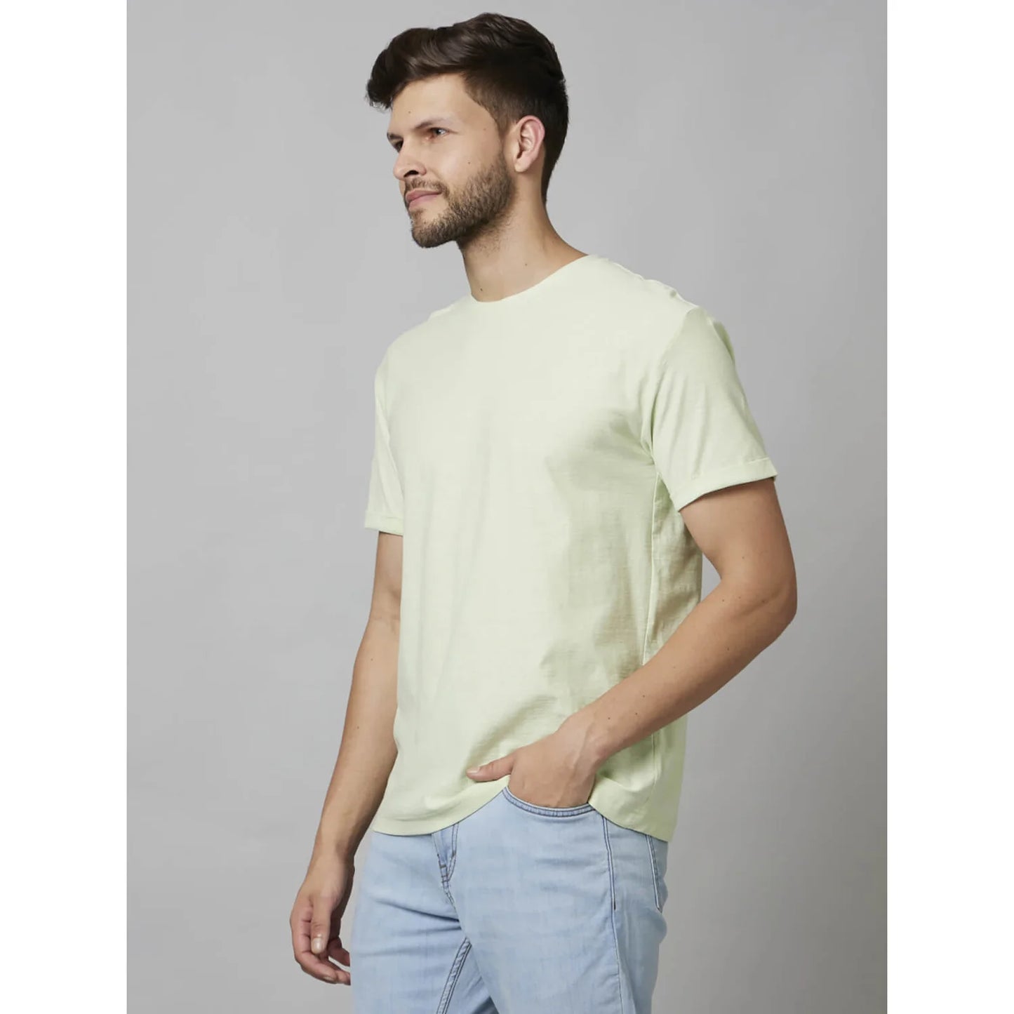 Cream Solid Cotton T-shirt