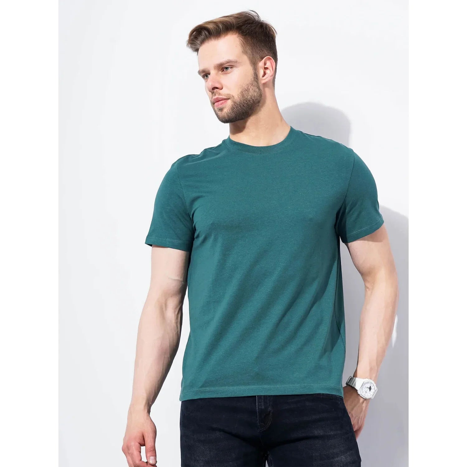 Teal Solid Cotton T-Shirt