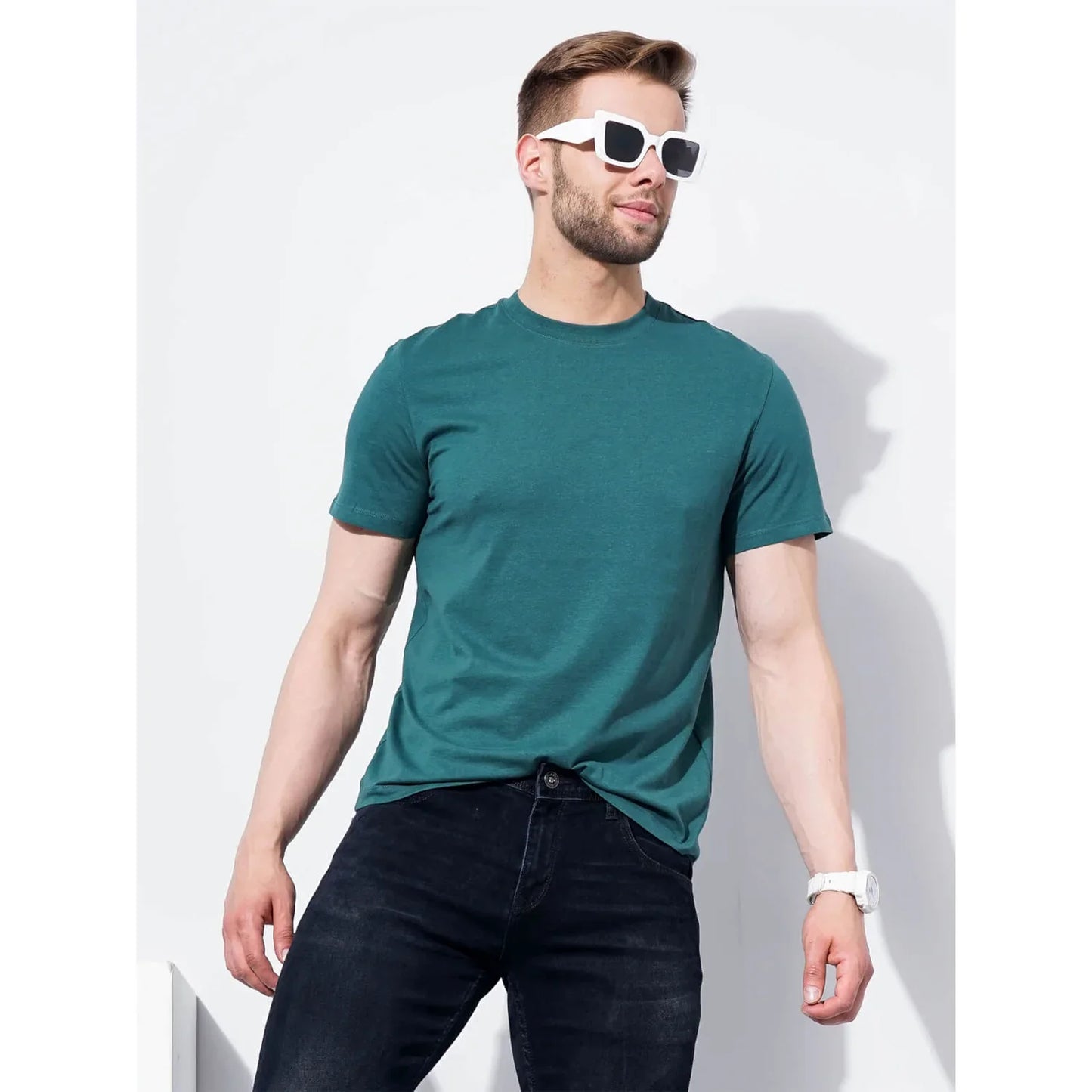 Teal Solid Cotton T-Shirt