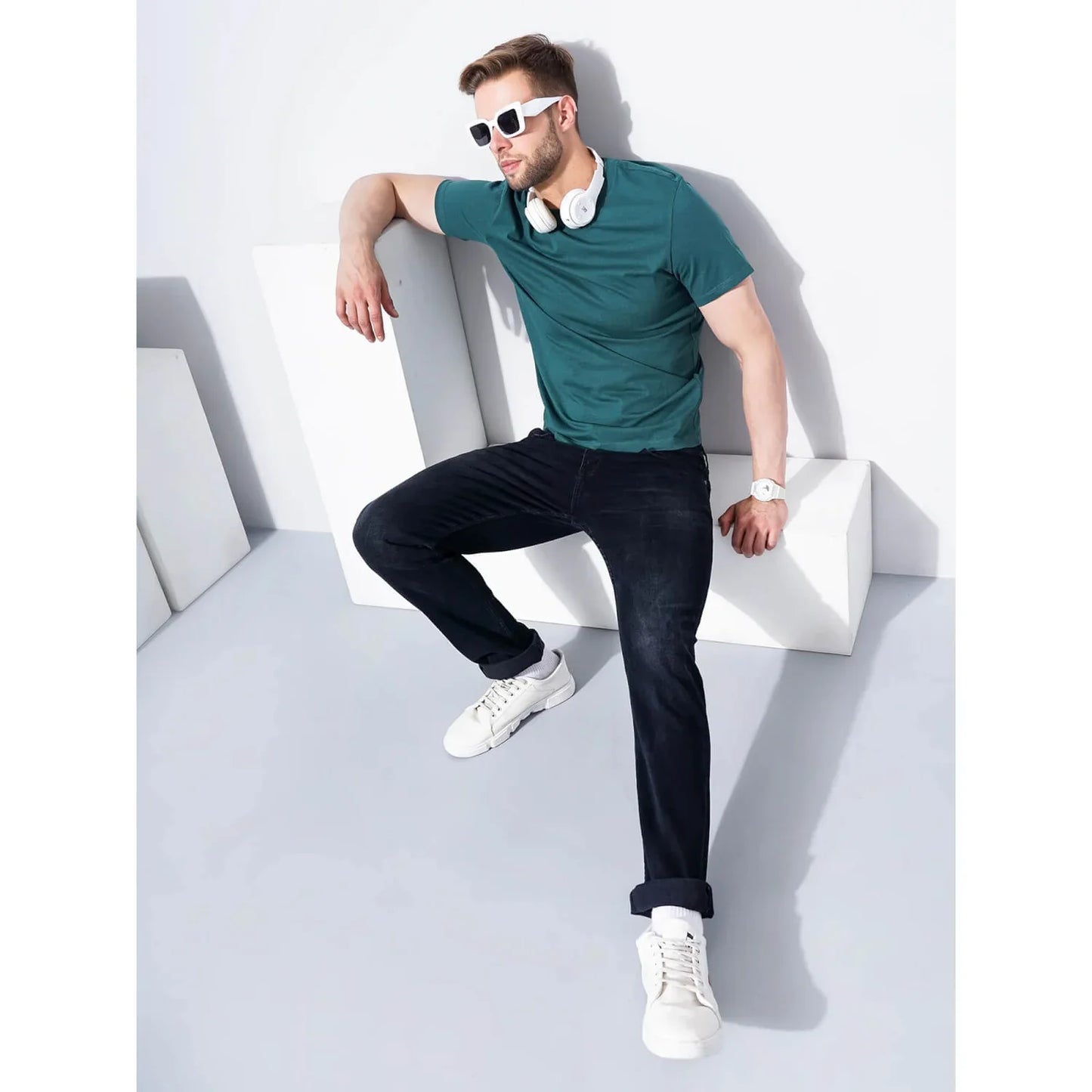 Teal Solid Cotton T-Shirt