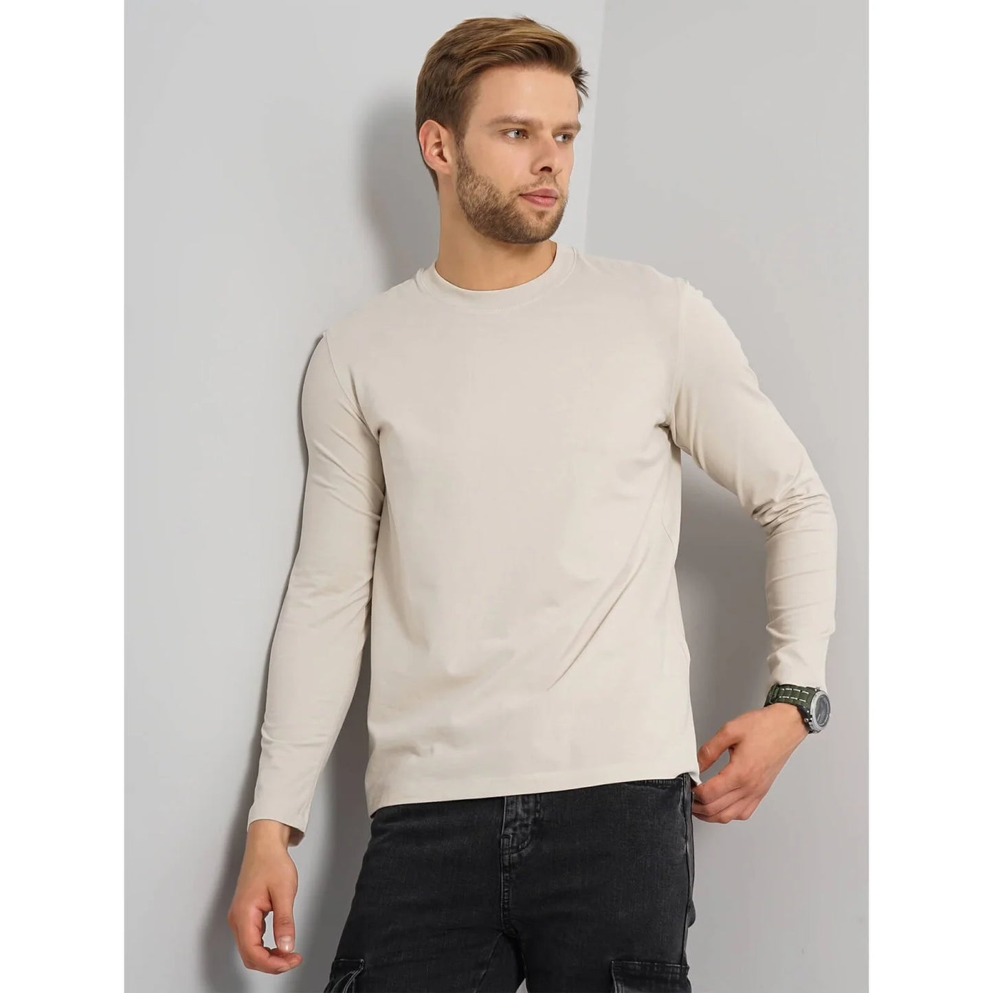 Cream Solid Cotton T-shirt