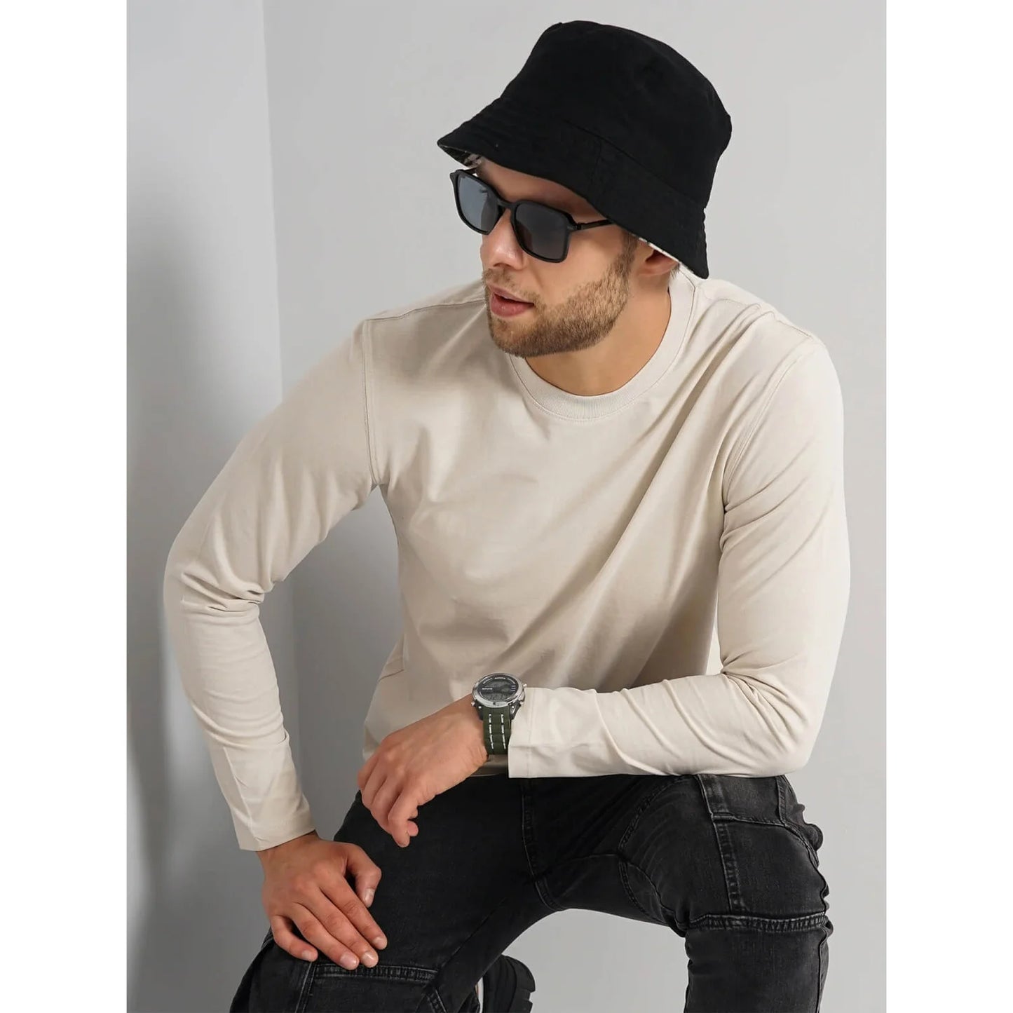 Cream Solid Cotton T-shirt