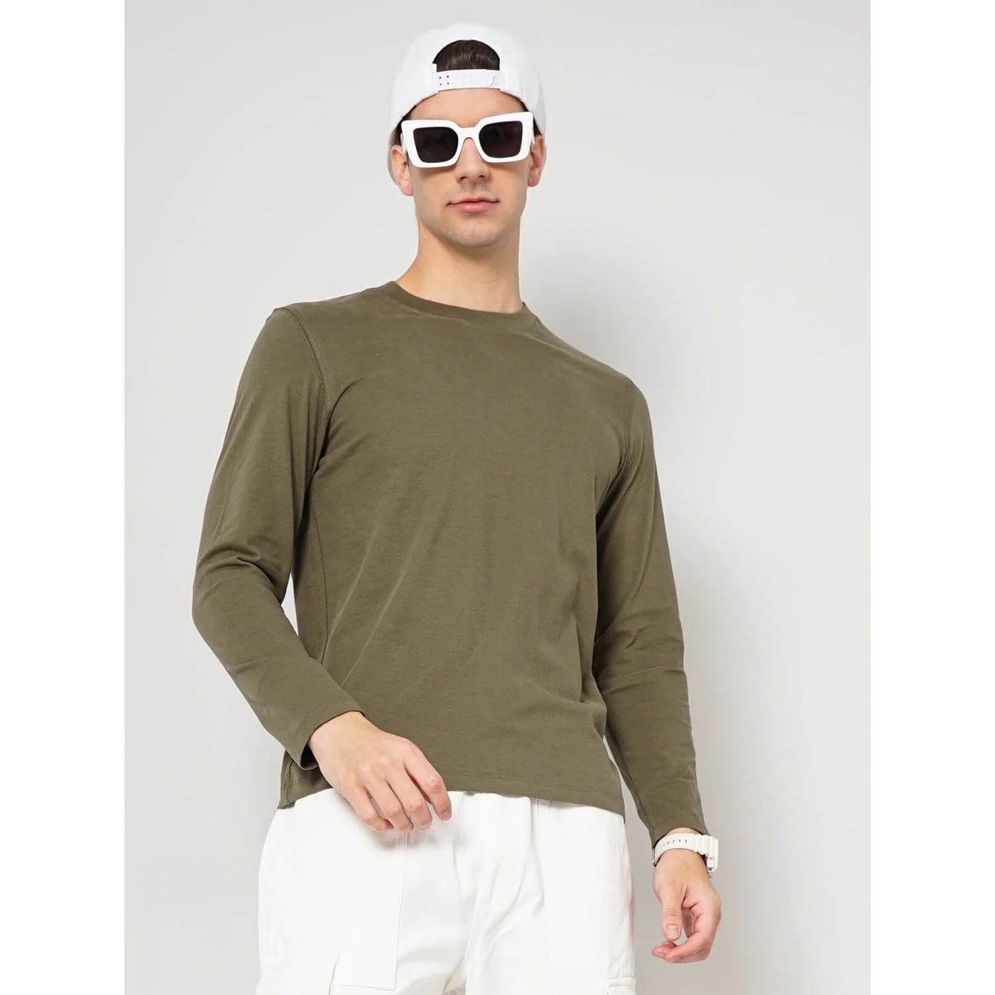 Cream Solid Cotton T-shirt