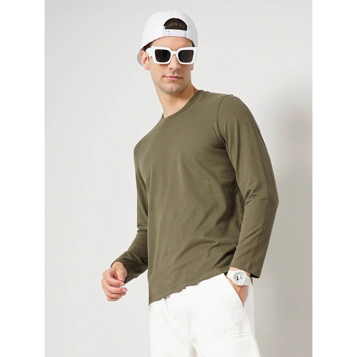 Cream Solid Cotton T-shirt