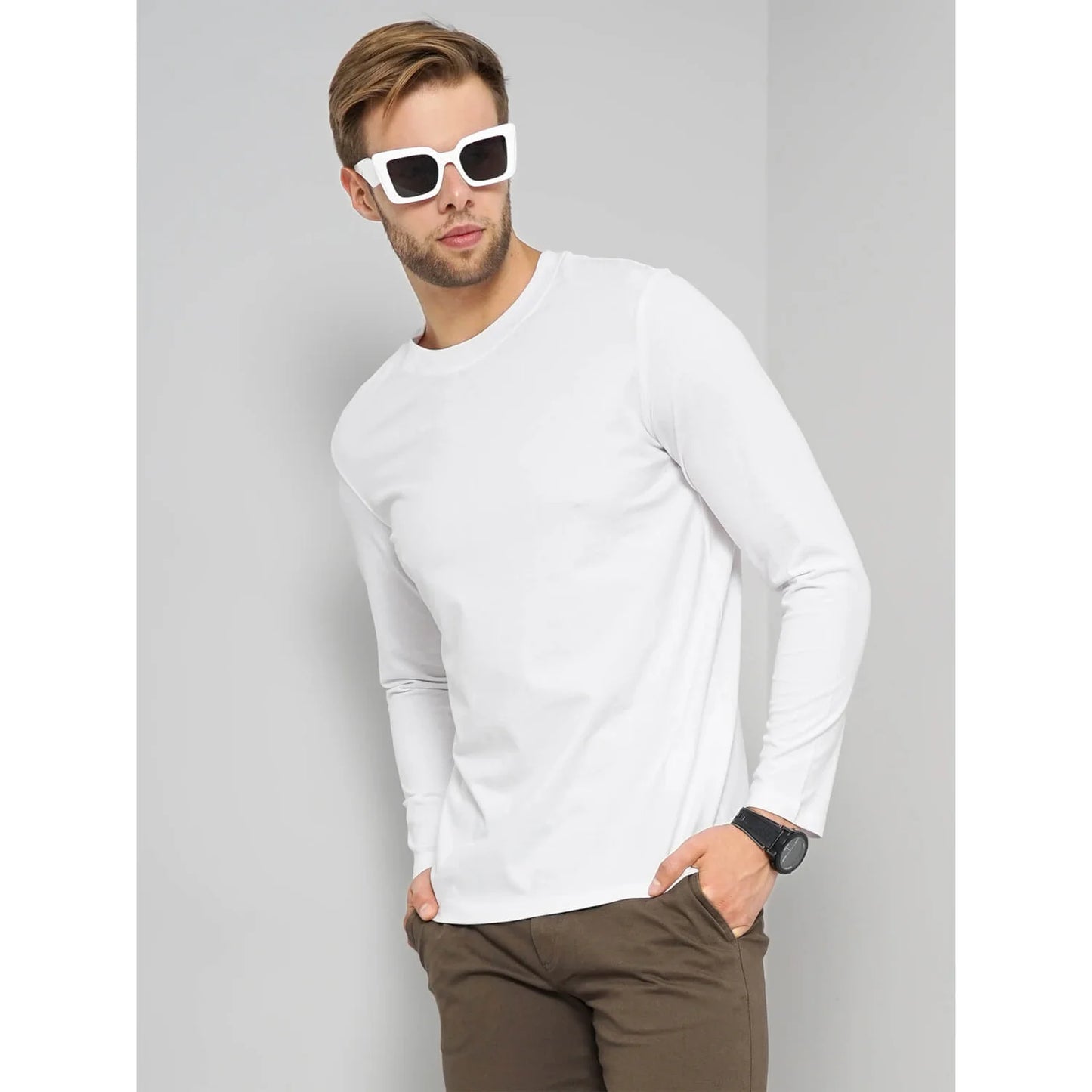 Cream Solid Cotton T-shirt