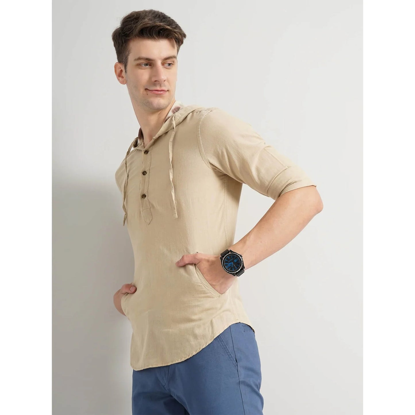 Cream Solid Linen-Blend Shirt