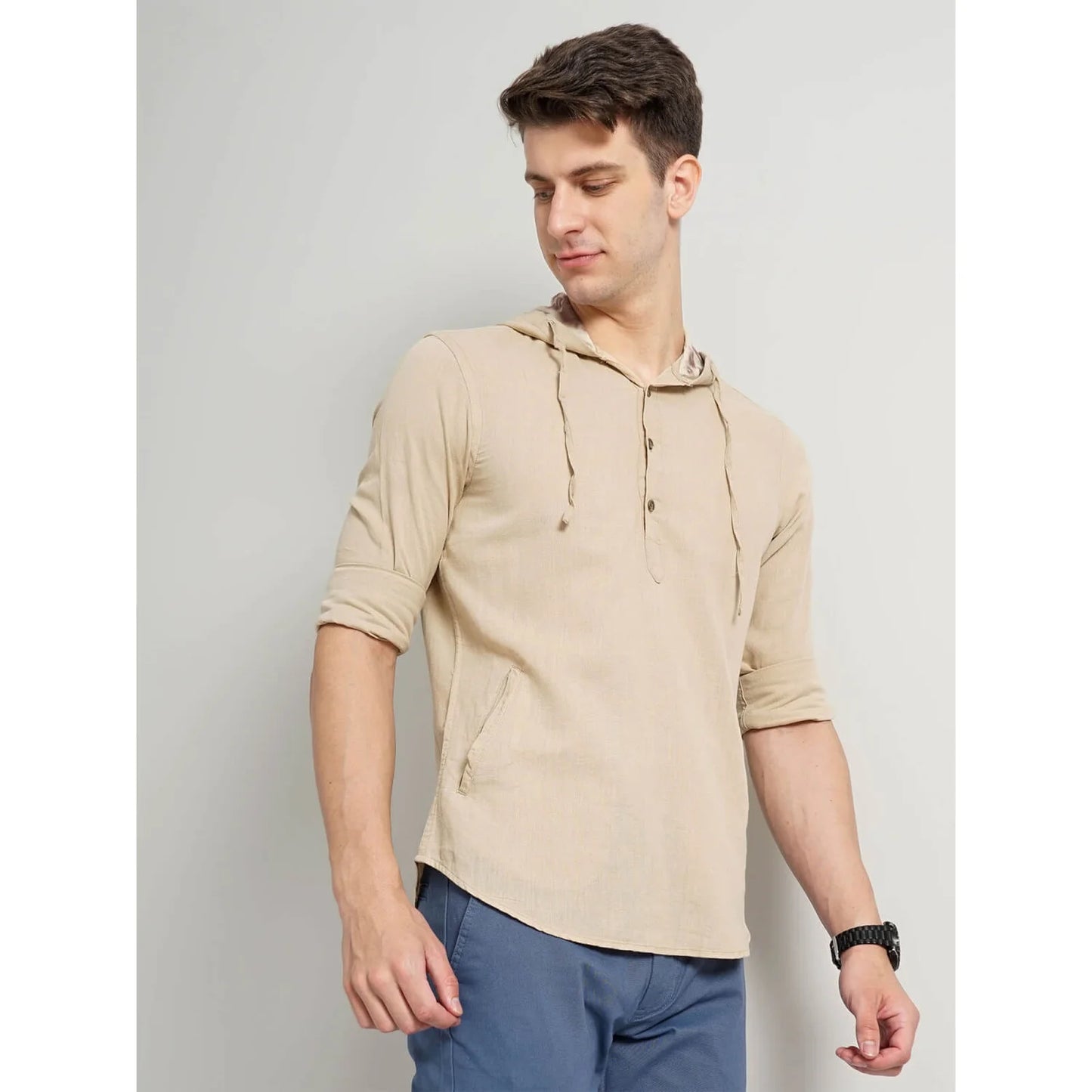 Cream Solid Linen-Blend Shirt