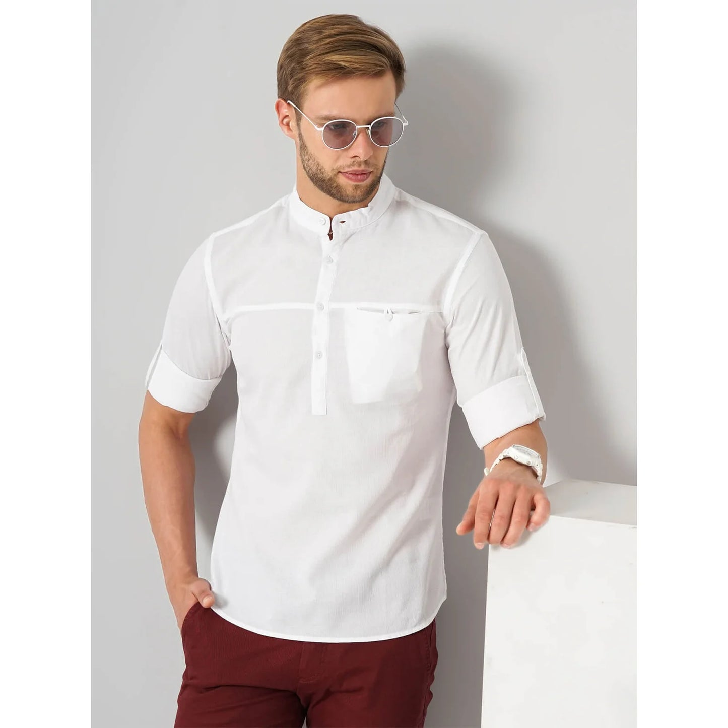 Cream Solid Cotton Shirt