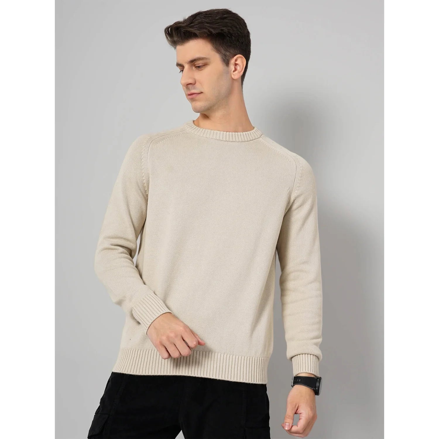 Cream Solid Cotton Sweater