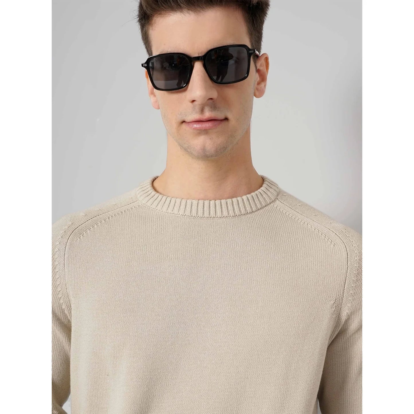 Cream Solid Cotton Sweater