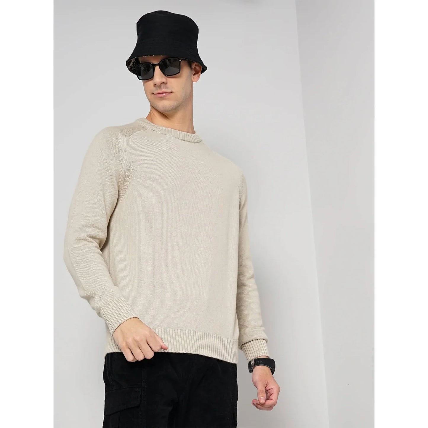 Cream Solid Cotton Sweater