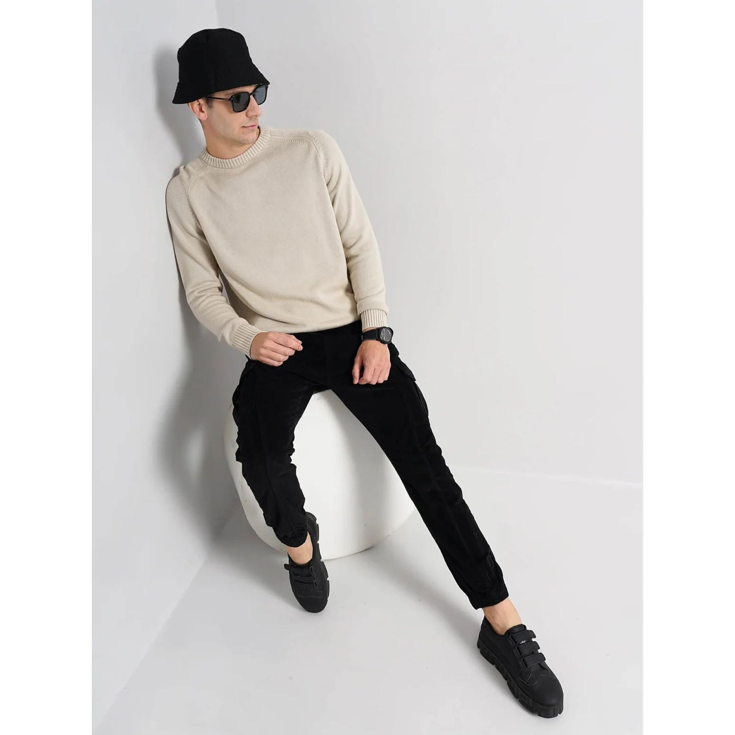 Cream Solid Cotton Sweater