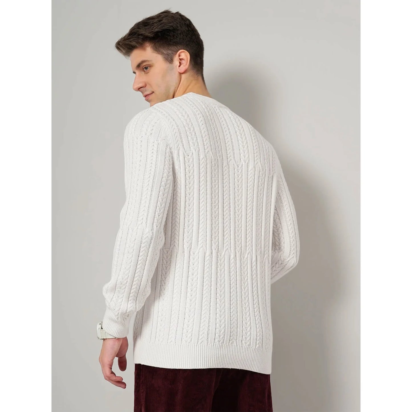 Cream Textured Cotton Blend Sweater