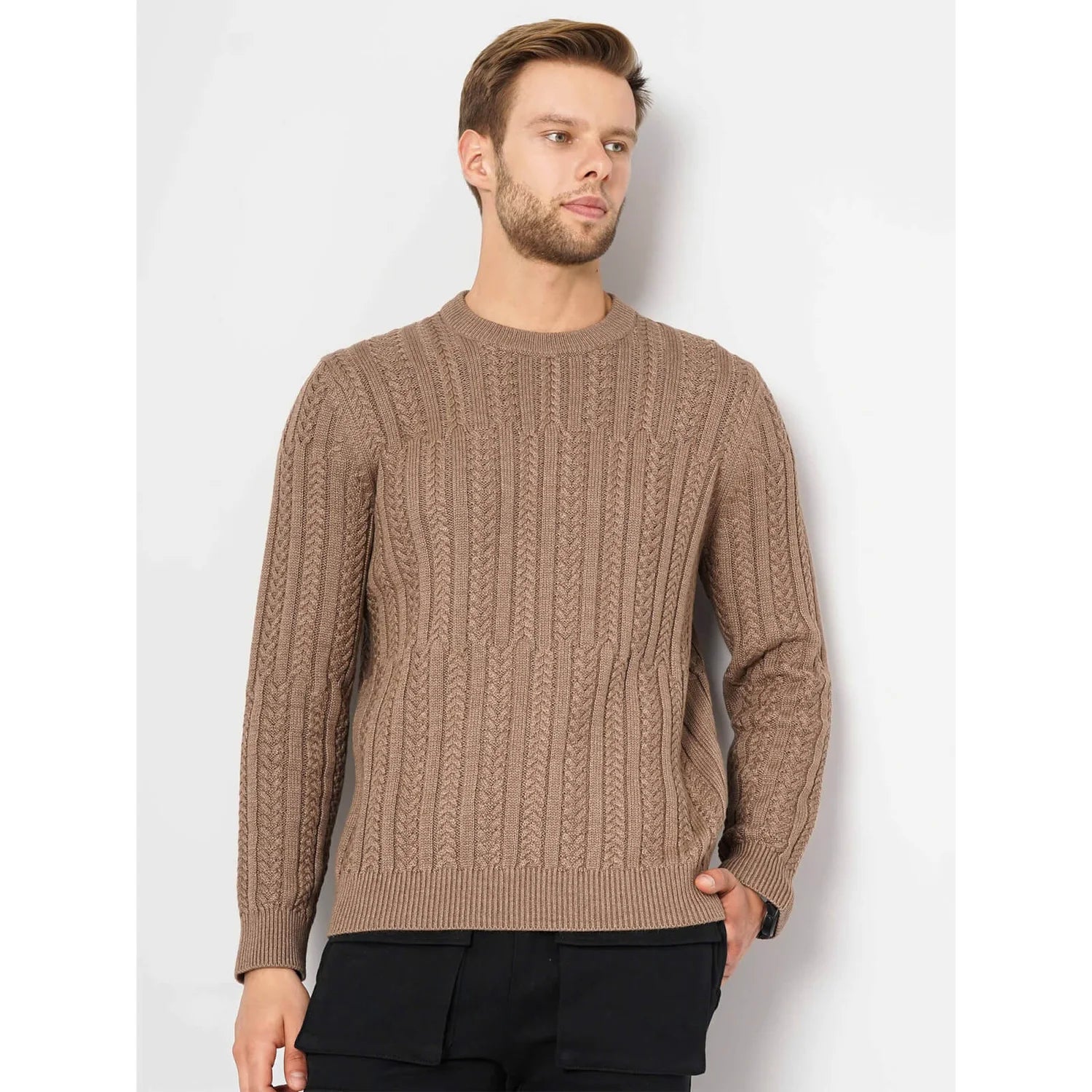 Beige Solid Cotton Blend Sweater