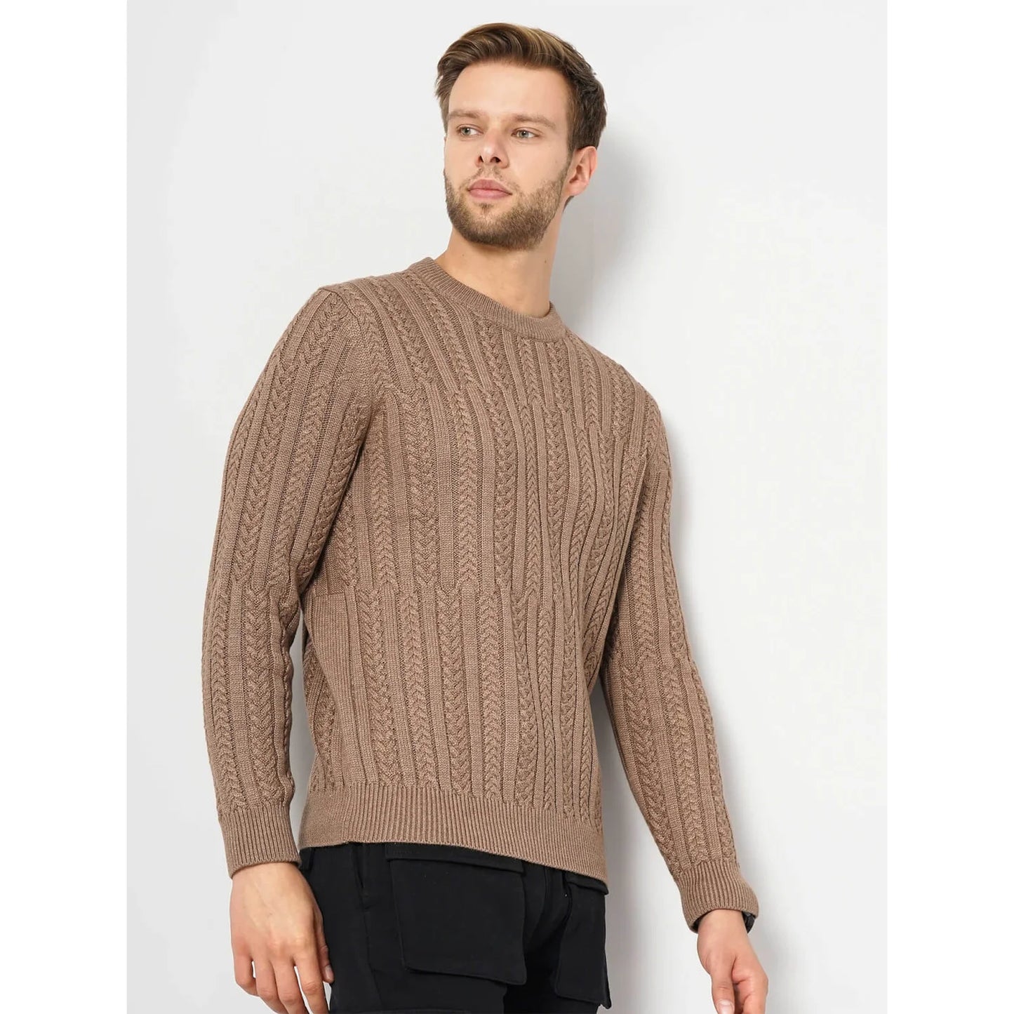 Beige Solid Cotton Blend Sweater