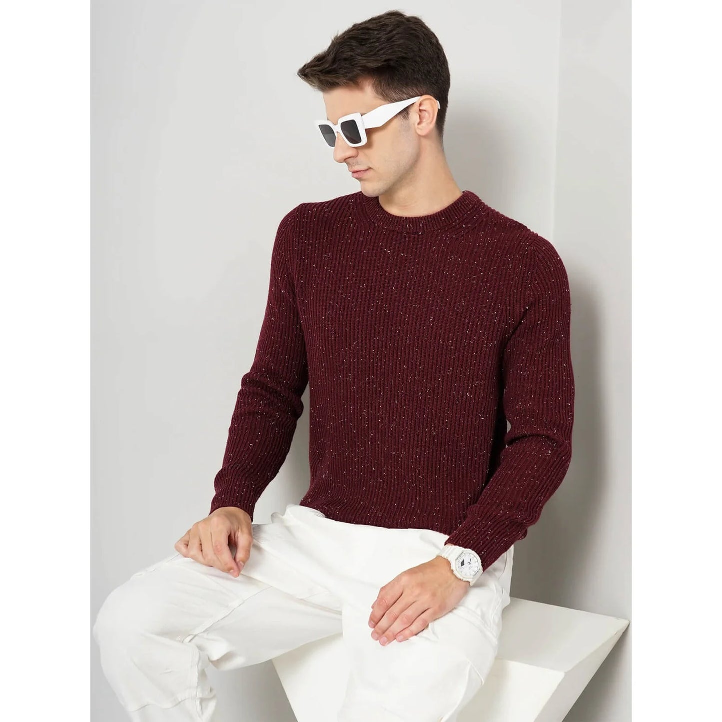 Cream Textured Cotton Blend Sweater