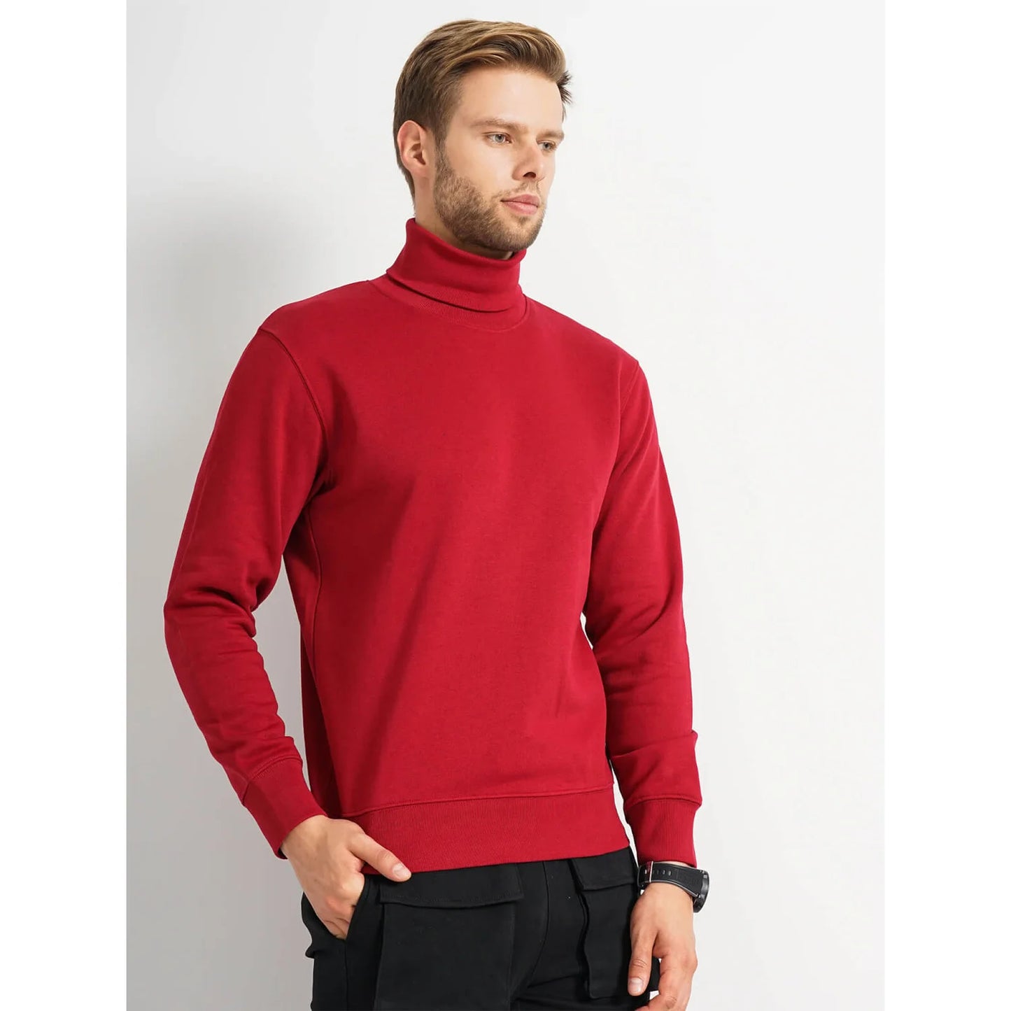 Red Solid Cotton Blend Sweatshirt