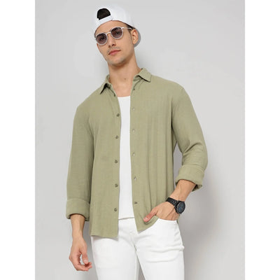 Celio* Solid Regular Fit Cotton Olive Shirt