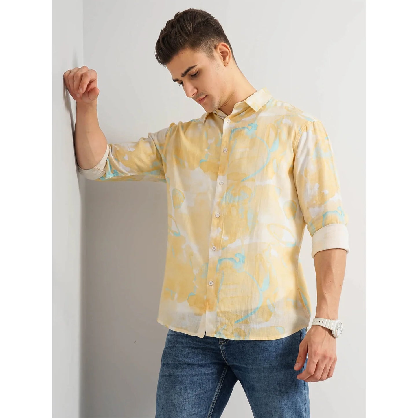 Yellow Abstract Linen-Blend Shirt