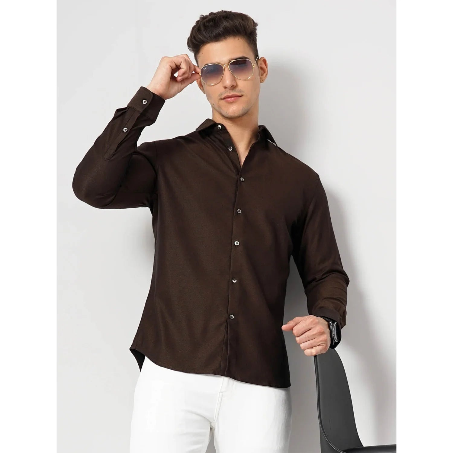 Cream Solid Cotton-Poly-Blend Shirt