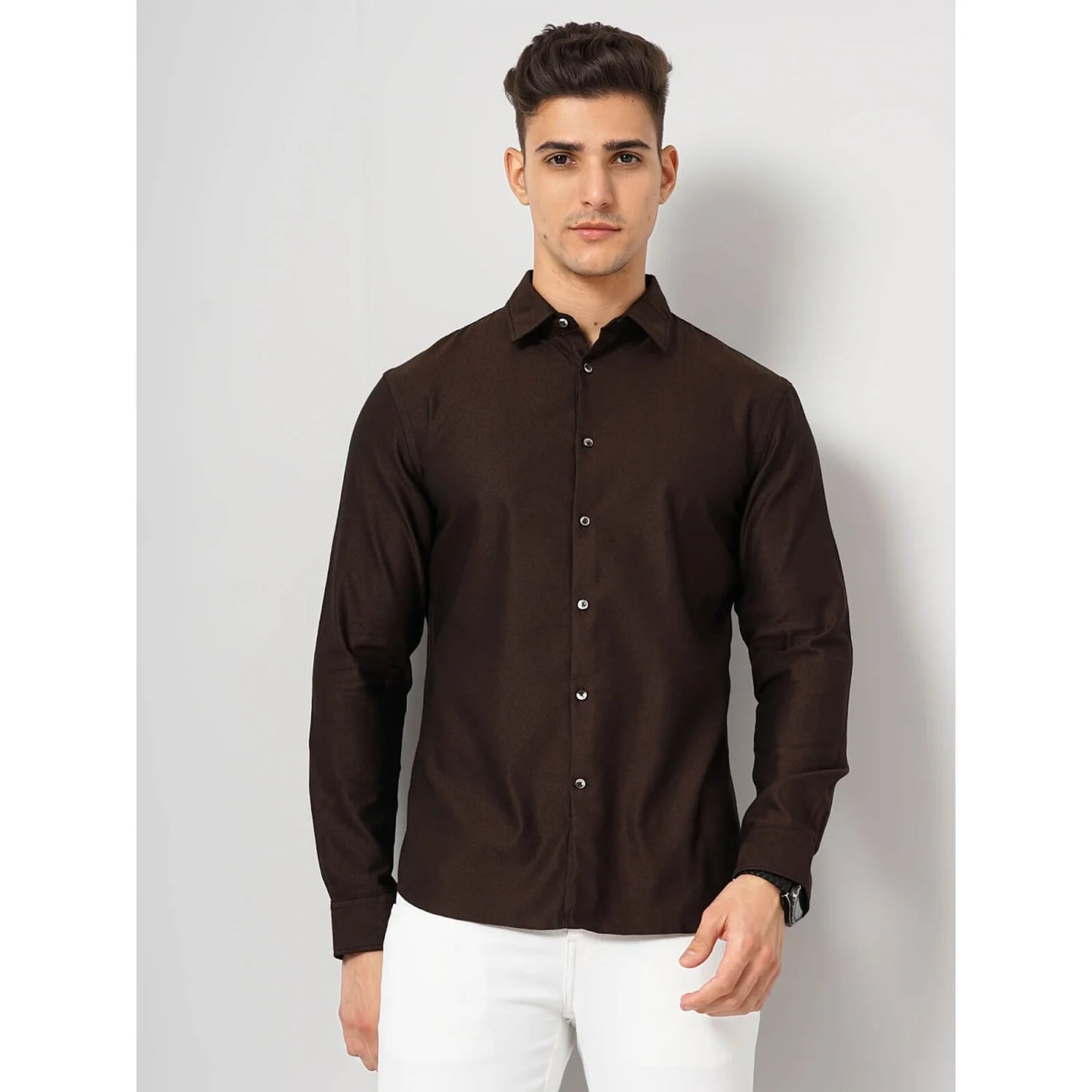 Cream Solid Cotton-Poly-Blend Shirt