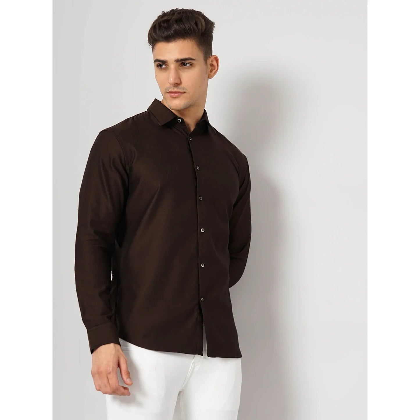 Cream Solid Cotton-Poly-Blend Shirt