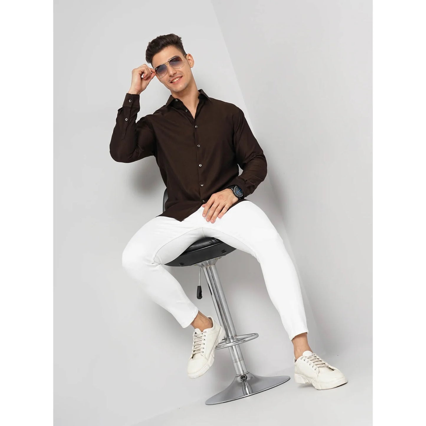 Cream Solid Cotton-Poly-Blend Shirt