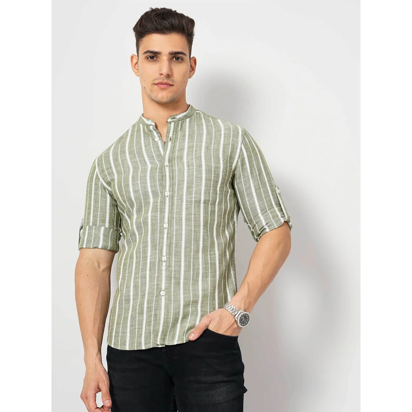 Cream Striped Cotton-Linen-Blend Soft Touch Shirt