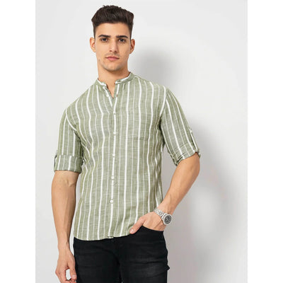 Celio* Striped Slim Fit Cotton-Linen-Blend Olive Shirt