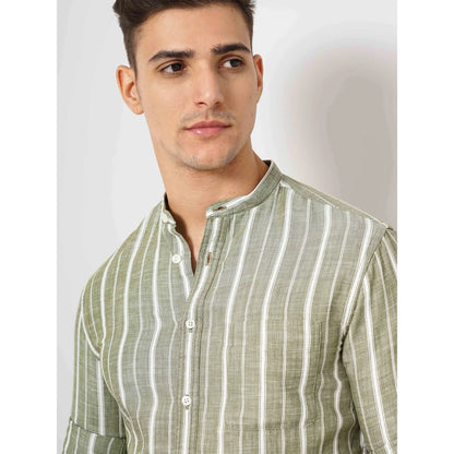 Cream Striped Cotton-Linen-Blend Soft Touch Shirt