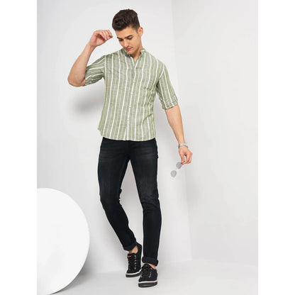 Cream Striped Cotton-Linen-Blend Soft Touch Shirt