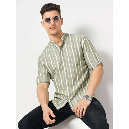 Cream Striped Cotton-Linen-Blend Soft Touch Shirt