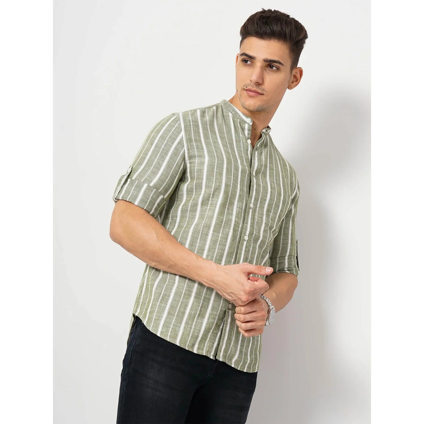 Cream Striped Cotton-Linen-Blend Soft Touch Shirt