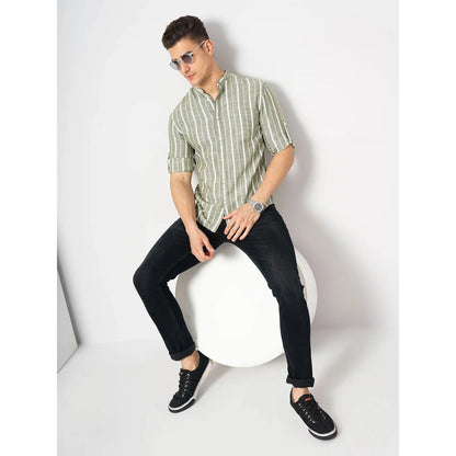 Cream Striped Cotton-Linen-Blend Soft Touch Shirt