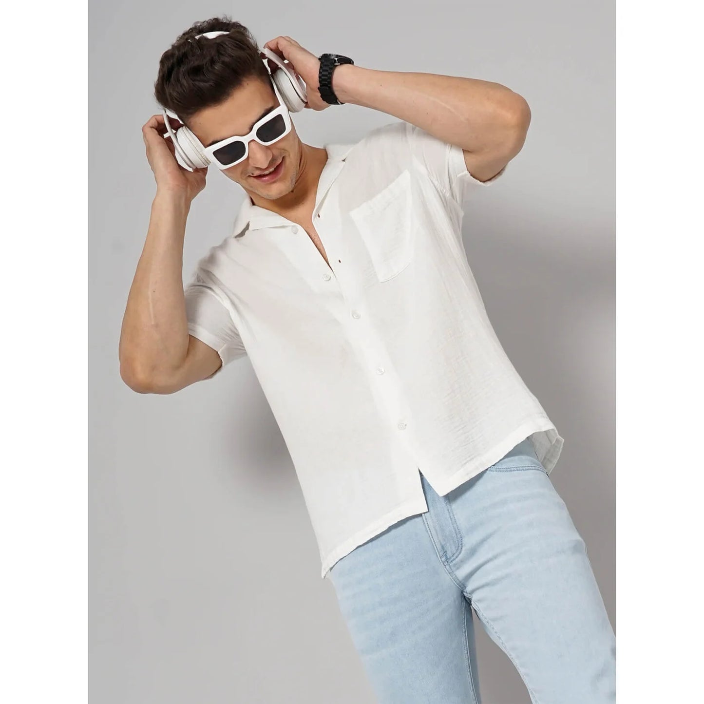 Cream Solid Cotton Shirt