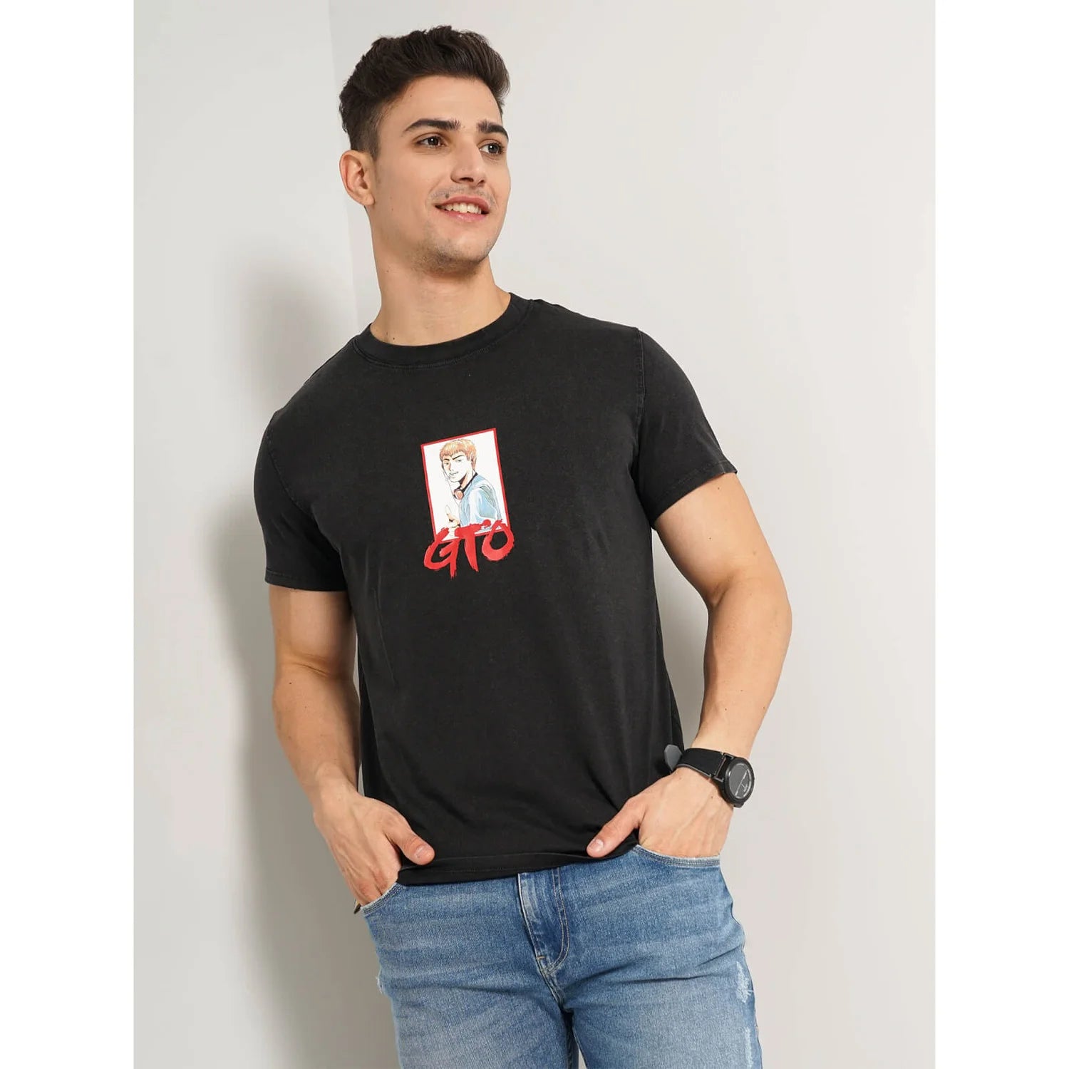 G.T.O. - Black Printed Cotton T-shirt