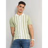 Celio* Striped Regular Fit Cotton Green T-Shirt