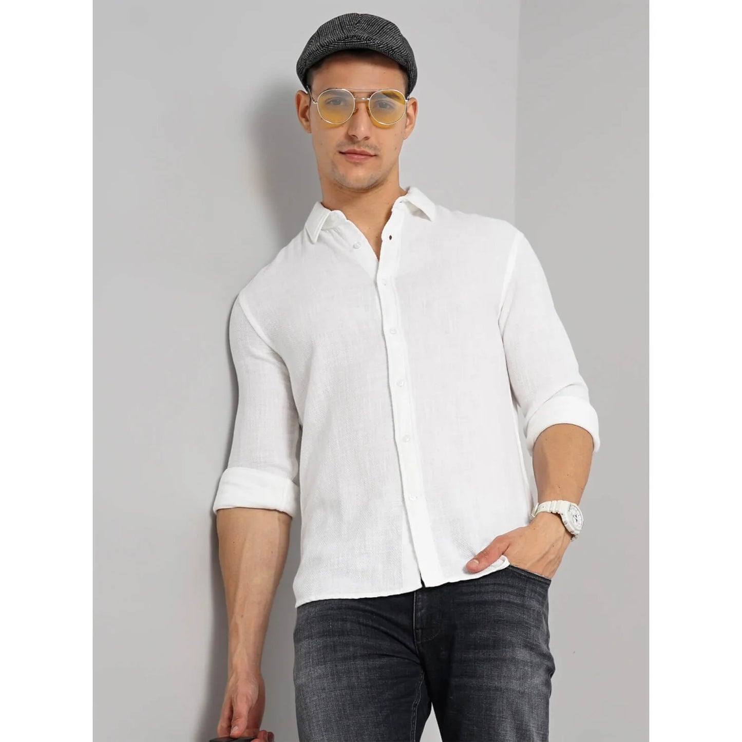 Cream Solid Cotton Shirt