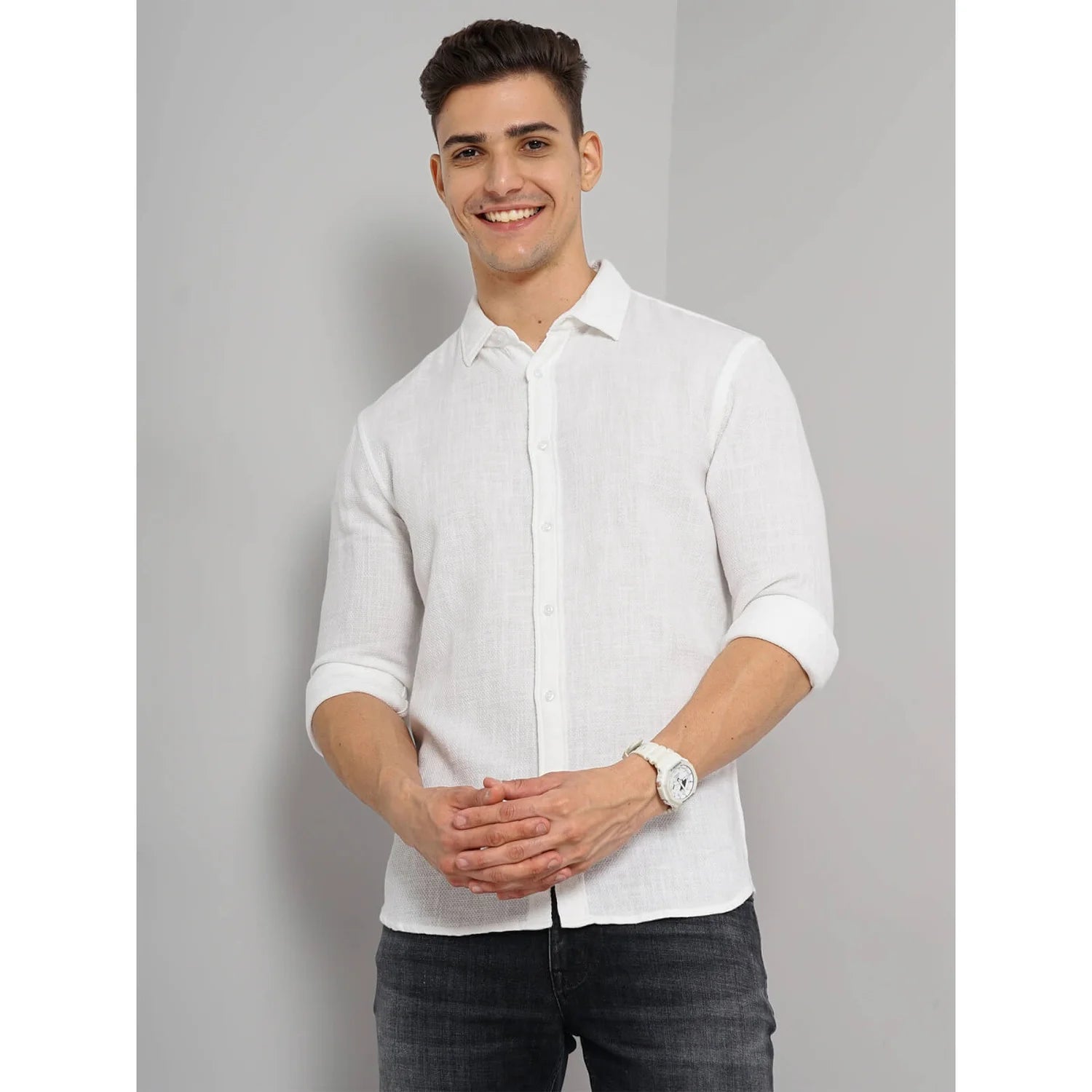 Cream Solid Cotton Shirt